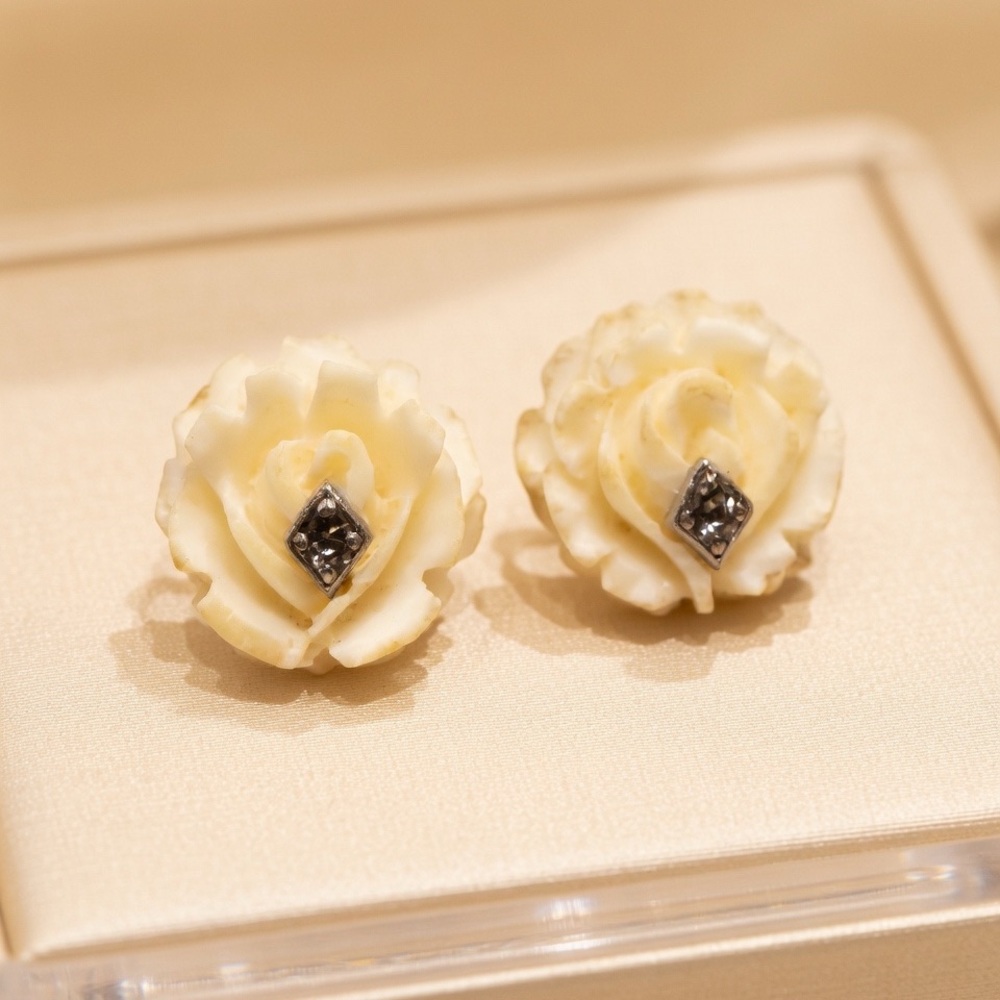 Vintage Carved Rose Flower White Small Stud Earrings Post Back Pierced